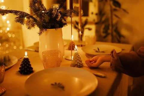 Christmas decor in the setting of a festive table for lunch or dinner. Stock Photos