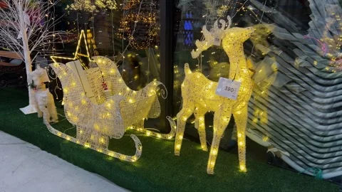 Christmas decor on store window, shop showcase. Reindeer of Santa Claus Stock Footage 324769608
