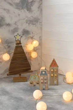 Christmas decor on table against light background Stock Photos