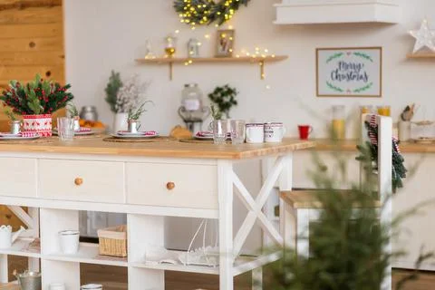 Christmas decor ,table setting green and red and yellow colors on the table in Stock Photos