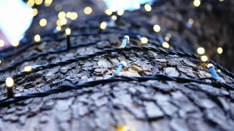 Christmas decor on a tree. The texture of the tree. Grey wood decorated with 스톡 동영상 228650373