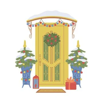 Christmas decorated door, flat vector illustration on white background Stock Illustration