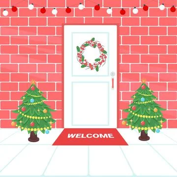 Christmas decorated front door vector illustration. Happy New Year festive il Stock Illustration