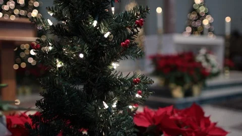 Christmas decorated tree in front of out of focus alter 動画素材 100722855