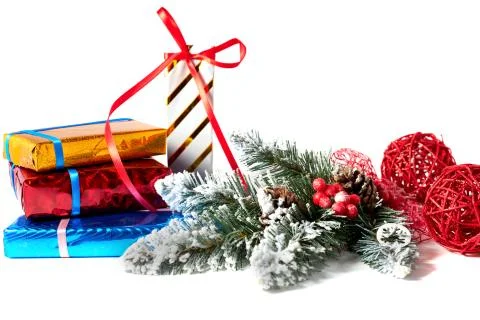 Christmas decoration and gift boxes on a white background. Stock Photos