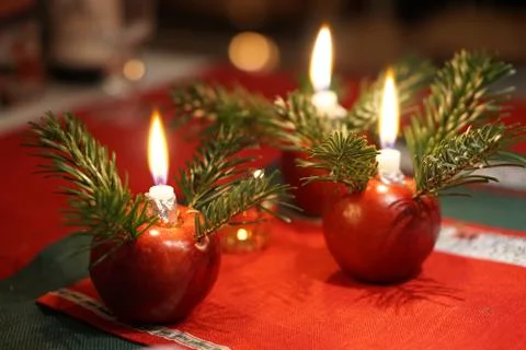 Christmas decoration - Apples, candles, pine Stock Photos