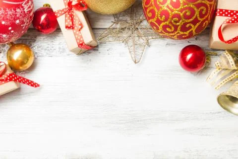Christmas decoration background. Christmas tree and holidays ornament. Copy Stock Photos