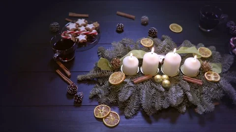 Christmas Decoration with candels on black table top view Stock Footage 70802432