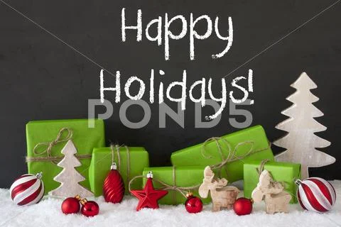 Christmas Decoration, Cement, Snow, Text Happy Holidays Stock Photos