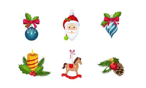 Christmas decoration elements set, New Year holiday objects vector Illustration Illustrazione stock