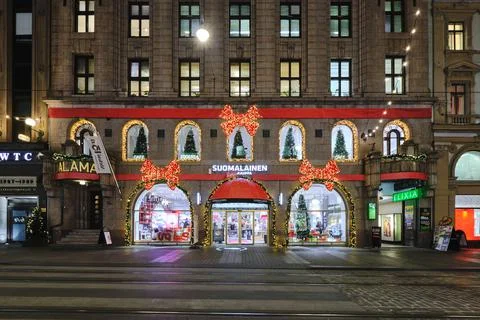 Christmas decoration on the facade of Suomalainen Bookstore Stock Photos