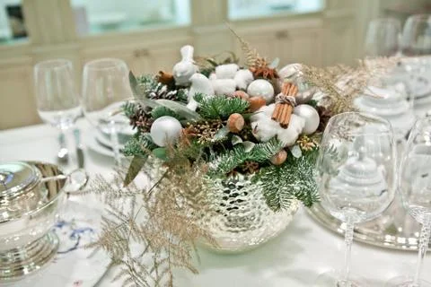 Christmas decoration interior using twigs, needles, cones, cinna Stock Photos