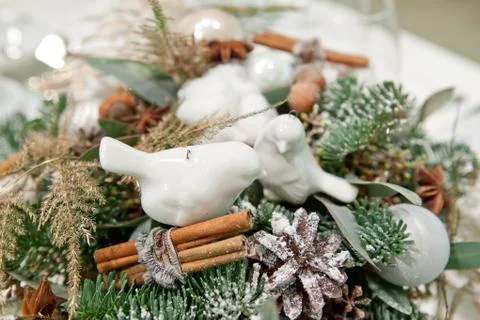 Christmas decoration interior using twigs, needles, cones, cinna Stock Photos