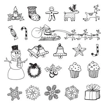 Christmas decoration isolated elements black and white colors hand drawn ch.. Stock Illustration
