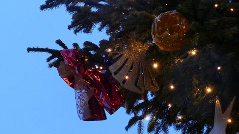 Christmas decoration Loop on a Tannrn tree on a Christmas market at dusk Stock Footage 100192672