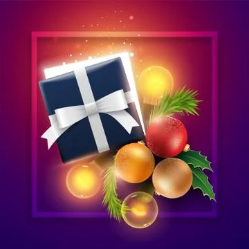 Christmas decoration objects and gift Box with magical lights Stock Illustration