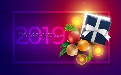 Christmas decoration objects and gift box with magical lights Stock Illustration