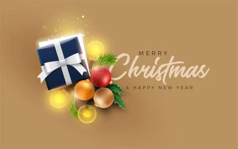 Christmas decoration objects and gift Box with magical lights on golden backg Stock Illustration