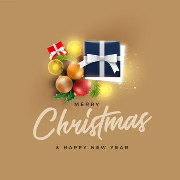 Christmas decoration objects and gift Box with magical lights on golden backg Illustrazione stock