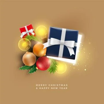 Christmas decoration objects and gift Box with magical lights on golden backg Stock Illustration