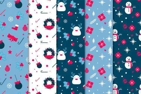Christmas decoration pattern bundle with blue and white backgrounds. Xmas cut Stock Illustration