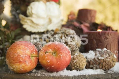 Christmas decoration with red apples and cones Stock Photos