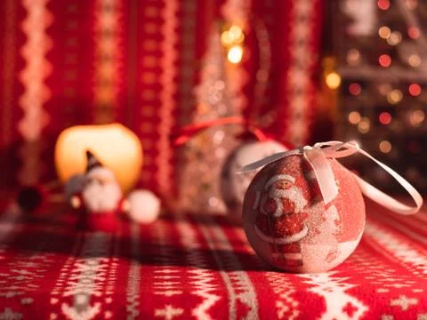 Christmas decoration on red pattern table. Decor for holidays 2020 Stock Photos