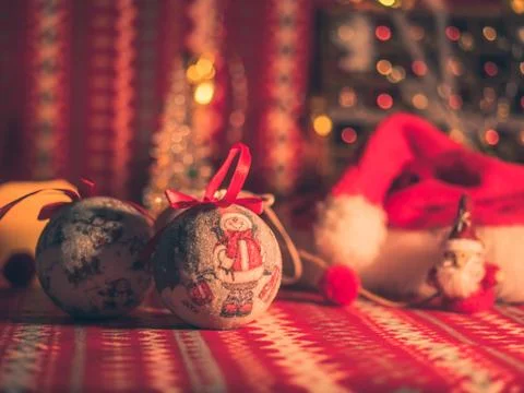 Christmas decoration on red pattern table. Decor for holidays 2020 Stock Photos