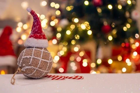 Christmas decoration with Santa hat and toy. Winter season holiday with lig.. Stock Photos