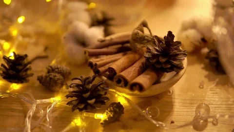 Christmas Decoration on table, cinnamon Stock-Footage 75942080