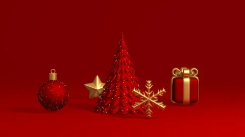 Christmas decoration things on red background 3D 4K seamless looping animation Stock Footage 258333460