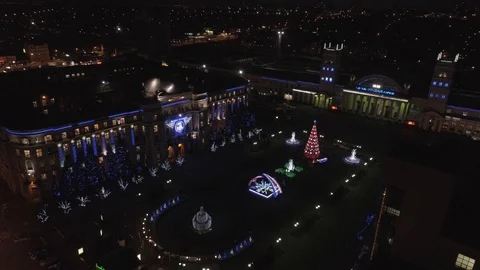 Christmas decoration with tree in front of train station. Ukraine, Kharkov Stock Footage 93847581