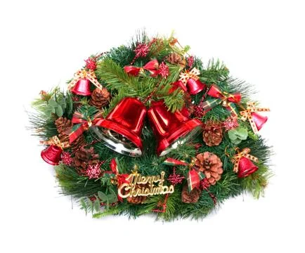 Christmas decoration with two red bells and green wreath Stock Photos