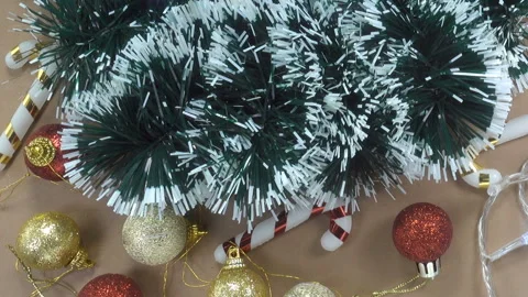 Christmas decorations and artificial tree branches Stock Footage 142560280