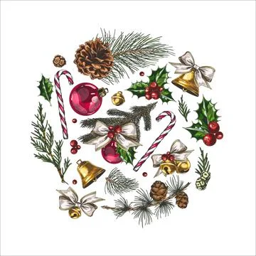 Christmas decorations and conifer trees branches with cones sketch vector round 库存插图