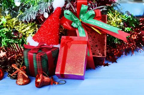 Christmas decorations and happy new year background with Red gift box and S.. Stock Photos