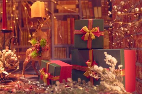 Christmas decorations and present boxes Stock Photos