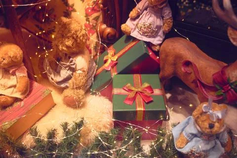 Christmas decorations and present boxes Stock Photos