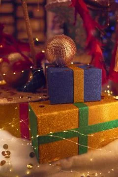 Christmas decorations and present boxes Stock Photos