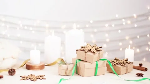 Christmas decorations with candle on white background. Close up, copy space Stock-Footage 306482369