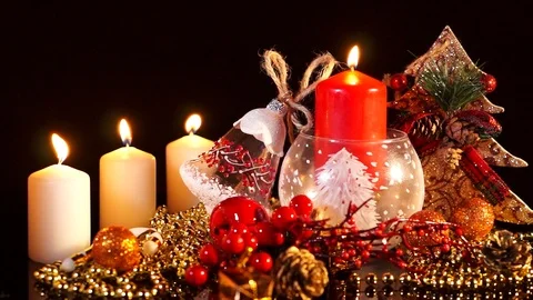 Christmas decorations with candles on dark background Candles Burning  Stock Footage 120901554