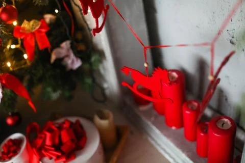 Christmas decorations close-up. Tree branches and candles Stock Photos