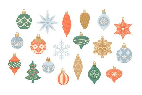 Christmas decorations, collection of different cute balls, snowflakes and stars Ilustração Stock
