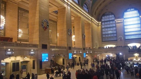 Christmas Decorations On Crowded Grand Central Train Station Walls - Static Stock Footage 86827142