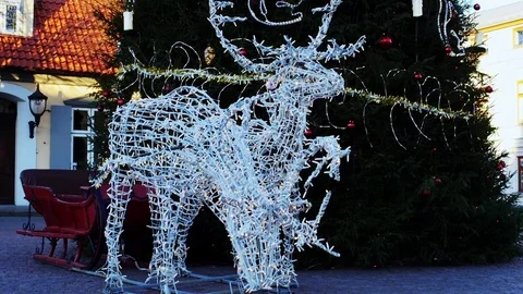 Christmas decorations deer shape under tree in Ventspils, winter season Video stock 70859080