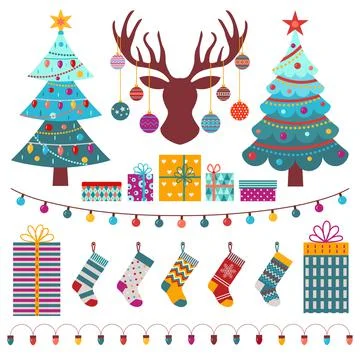Christmas Decorations Design Elements Set in Flat Stock Illustration