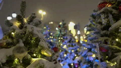 Christmas decorations falling snow  Stock Footage 227122857
