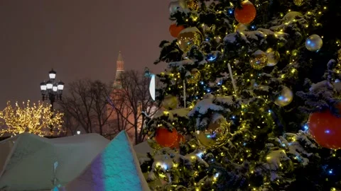 Christmas decorations falling snow Red square Moscow, Russia  Stock Footage 227122816