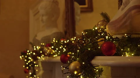 Christmas decorations on a fireplace focus pull Stock Footage 235440088