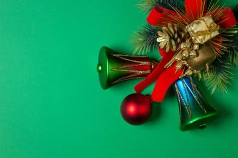 Christmas decorations on a green background. Stock Photos